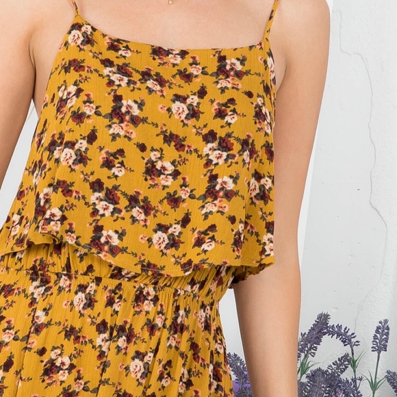 AUDREY 3+1 Mustard Floral Flounce Top Spaghetti Straps Maxi Dress - Picture 4 of 9